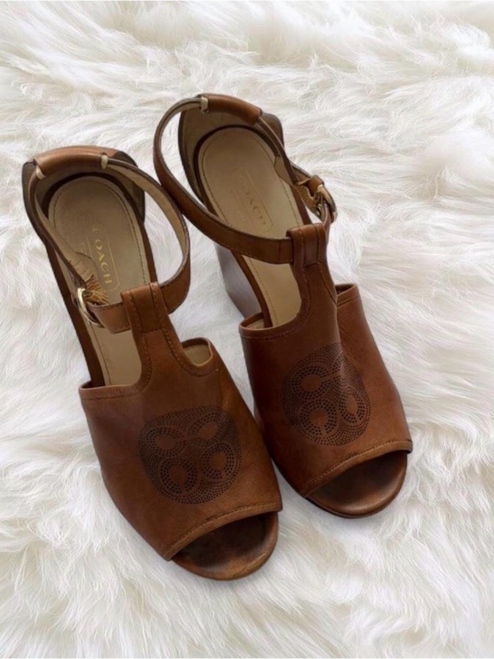 Coach Brown Leather Open-Toe T-Strap Wedge Sandals